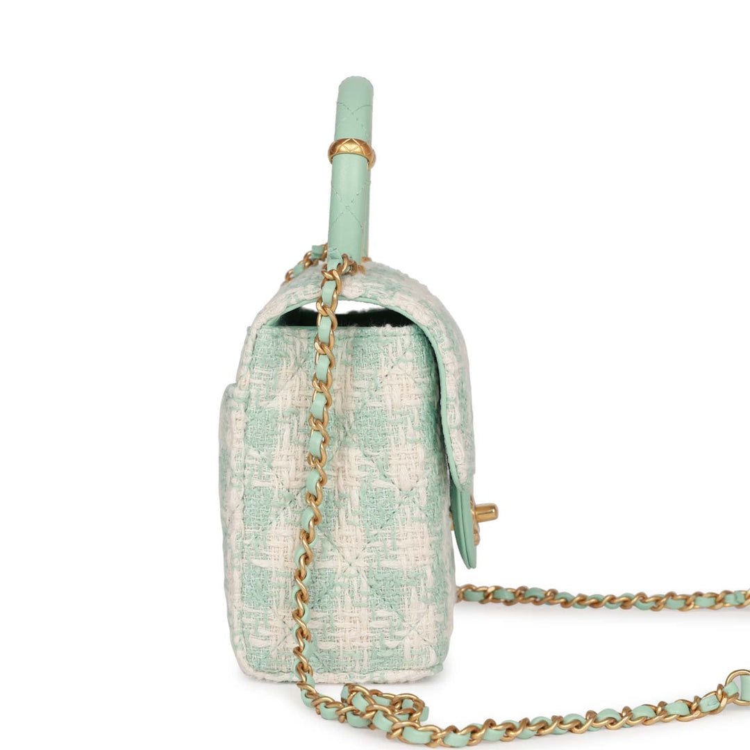 Top Quality Chanel Mini Square Flap with Top Handle Turquoise and Ecru Tweed Antique Gold Hardware
