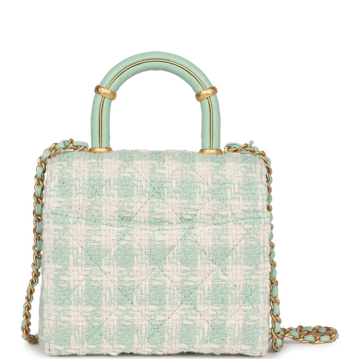 Top Quality Chanel Mini Square Flap with Top Handle Turquoise and Ecru Tweed Antique Gold Hardware