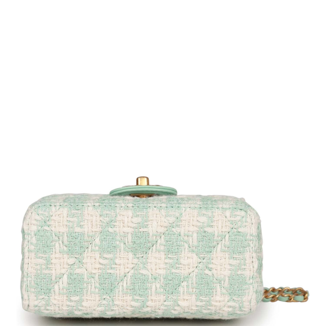 Top Quality Chanel Mini Square Flap with Top Handle Turquoise and Ecru Tweed Antique Gold Hardware