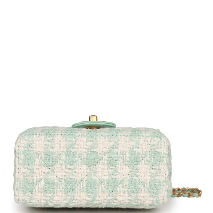Top Quality Chanel Mini Square Flap with Top Handle Turquoise and Ecru Tweed Antique Gold Hardware