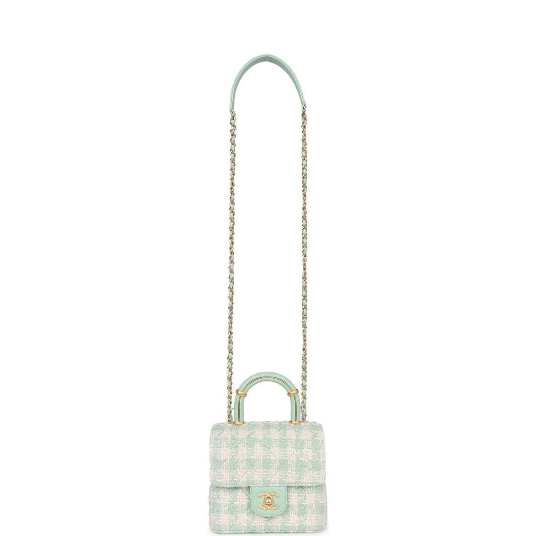 Top Quality Chanel Mini Square Flap with Top Handle Turquoise and Ecru Tweed Antique Gold Hardware
