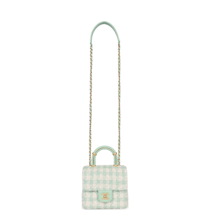 Top Quality Chanel Mini Square Flap with Top Handle Turquoise and Ecru Tweed Antique Gold Hardware
