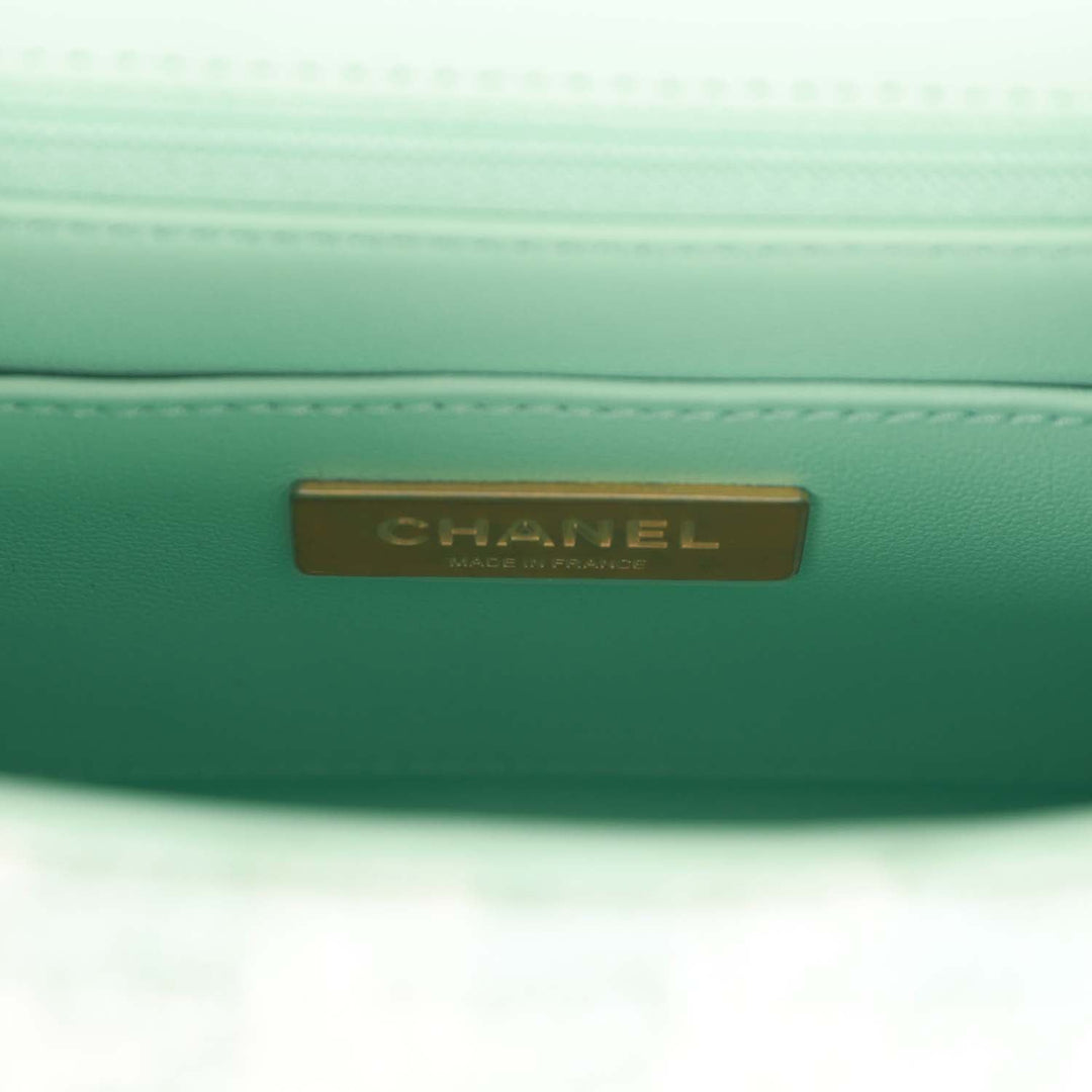 Top Quality Chanel Mini Square Flap with Top Handle Turquoise and Ecru Tweed Antique Gold Hardware