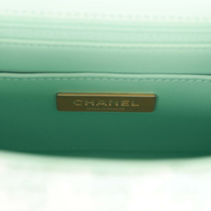 Top Quality Chanel Mini Square Flap with Top Handle Turquoise and Ecru Tweed Antique Gold Hardware