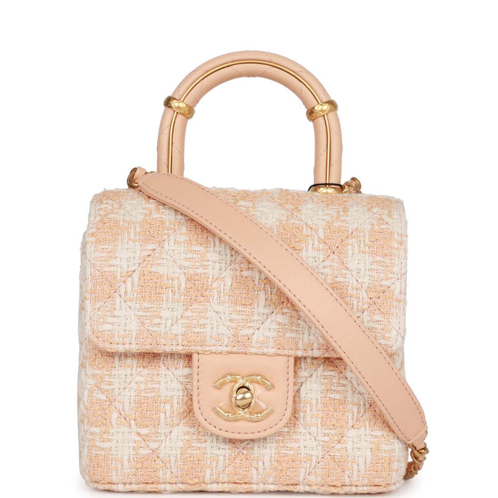 Top Quality Chanel Mini Square Flap with Top Handle Light Orange and Ecru Tweed Antique Gold Hardware