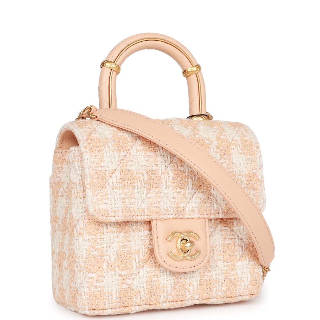 Top Quality Chanel Mini Square Flap with Top Handle Light Orange and Ecru Tweed Antique Gold Hardware