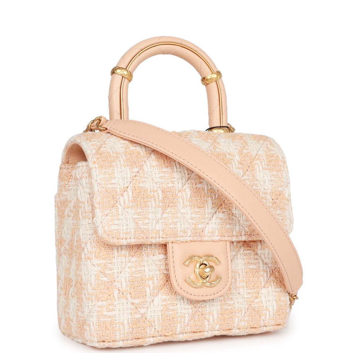 Top Quality Chanel Mini Square Flap with Top Handle Light Orange and Ecru Tweed Antique Gold Hardware