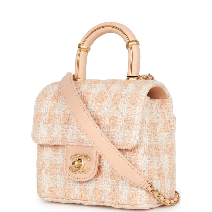 Top Quality Chanel Mini Square Flap with Top Handle Light Orange and Ecru Tweed Antique Gold Hardware