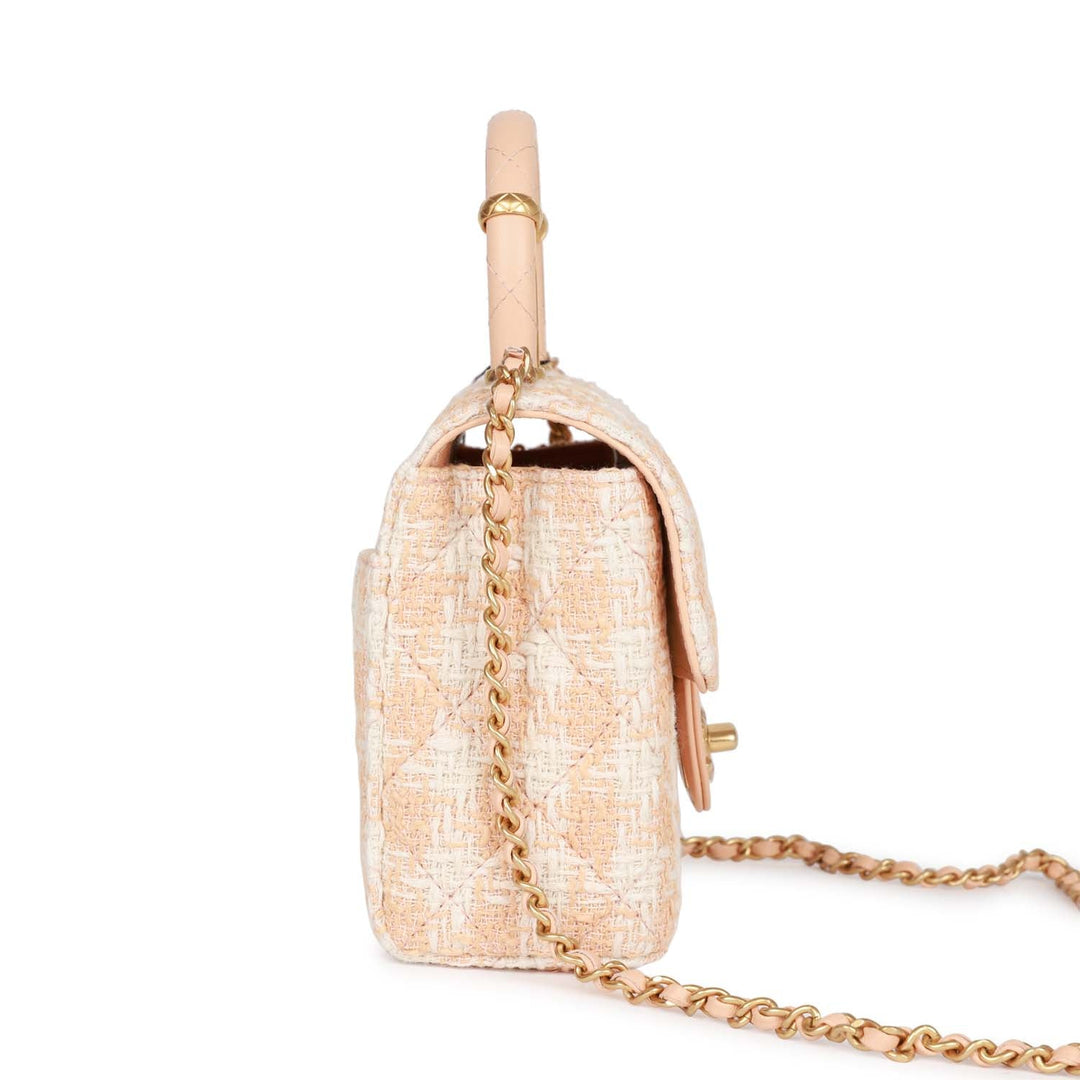 Top Quality Chanel Mini Square Flap with Top Handle Light Orange and Ecru Tweed Antique Gold Hardware