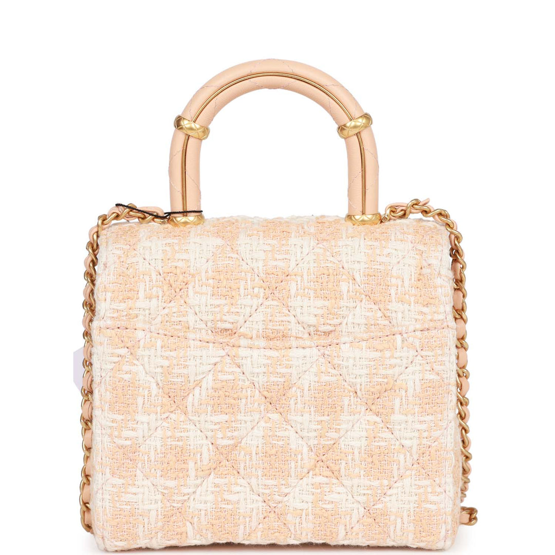Top Quality Chanel Mini Square Flap with Top Handle Light Orange and Ecru Tweed Antique Gold Hardware