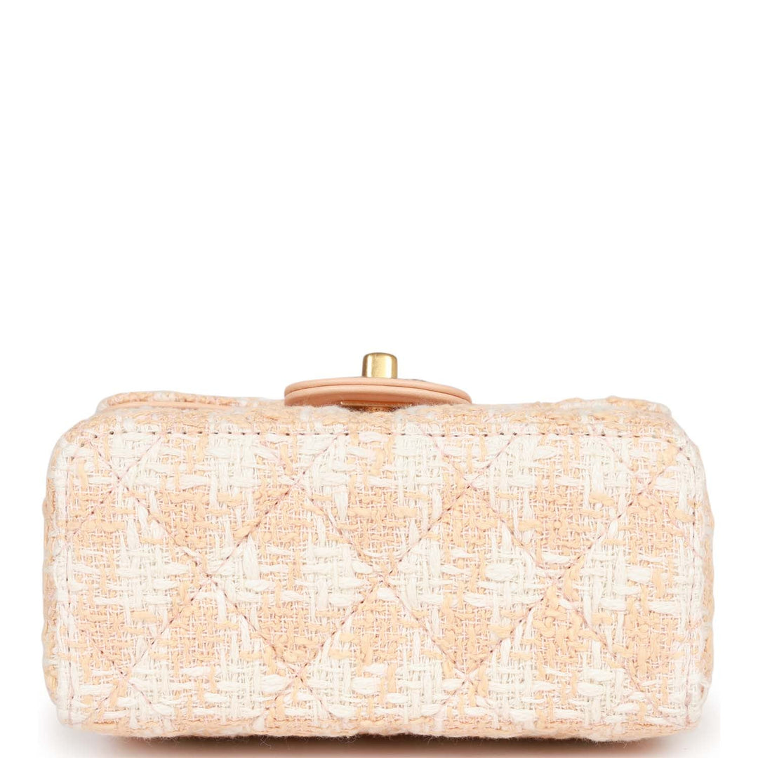Top Quality Chanel Mini Square Flap with Top Handle Light Orange and Ecru Tweed Antique Gold Hardware
