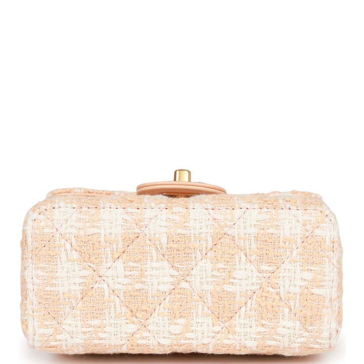Top Quality Chanel Mini Square Flap with Top Handle Light Orange and Ecru Tweed Antique Gold Hardware