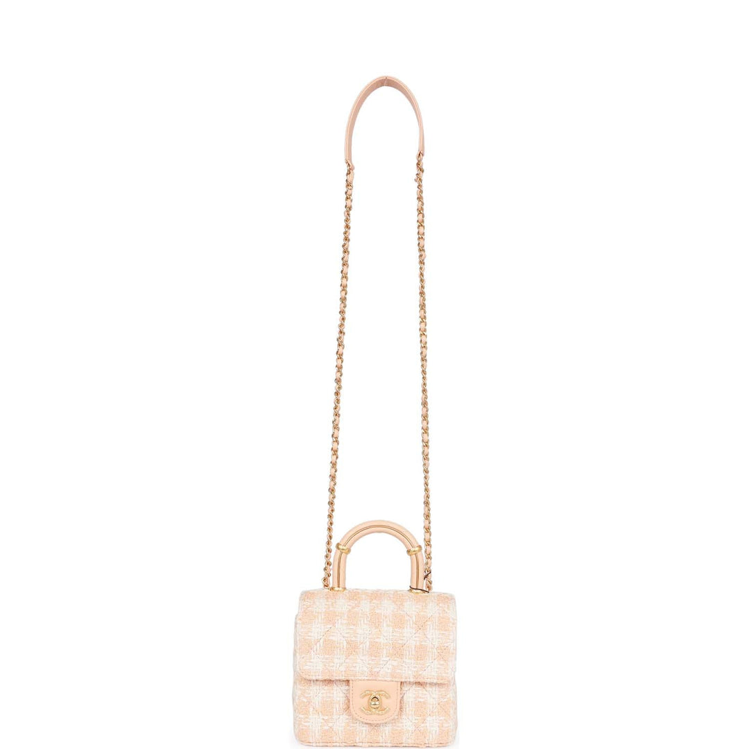 Top Quality Chanel Mini Square Flap with Top Handle Light Orange and Ecru Tweed Antique Gold Hardware
