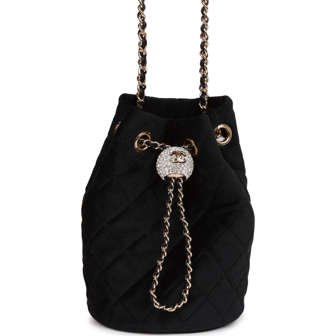 Top Quality Chanel Crystal Pearl Crush Drawstring Bag Black Velvet Light Gold Hardware