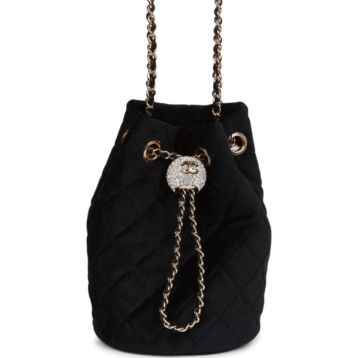 Top Quality Chanel Crystal Pearl Crush Drawstring Bag Black Velvet Light Gold Hardware