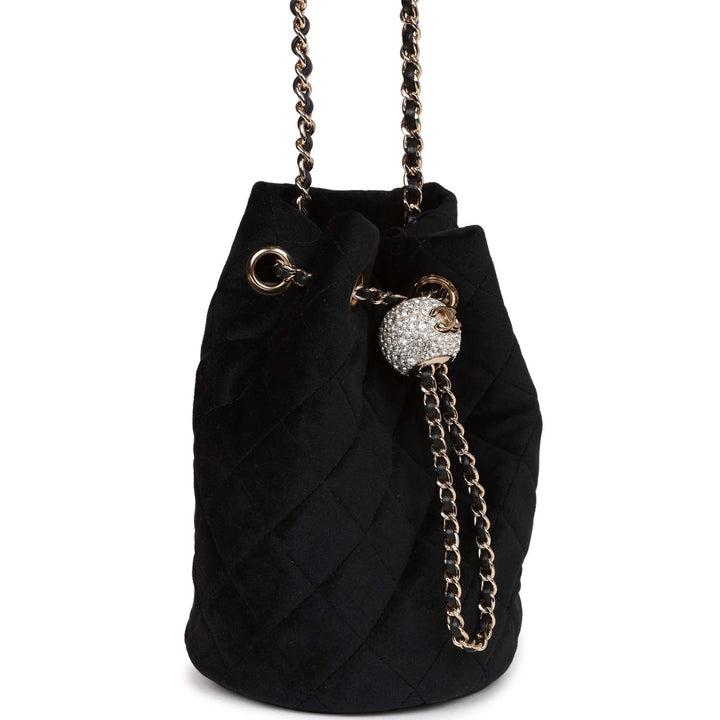 Top Quality Chanel Crystal Pearl Crush Drawstring Bag Black Velvet Light Gold Hardware