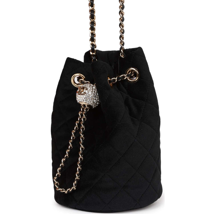 Top Quality Chanel Crystal Pearl Crush Drawstring Bag Black Velvet Light Gold Hardware