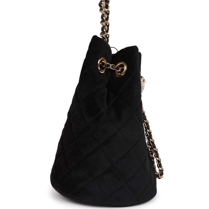 Top Quality Chanel Crystal Pearl Crush Drawstring Bag Black Velvet Light Gold Hardware