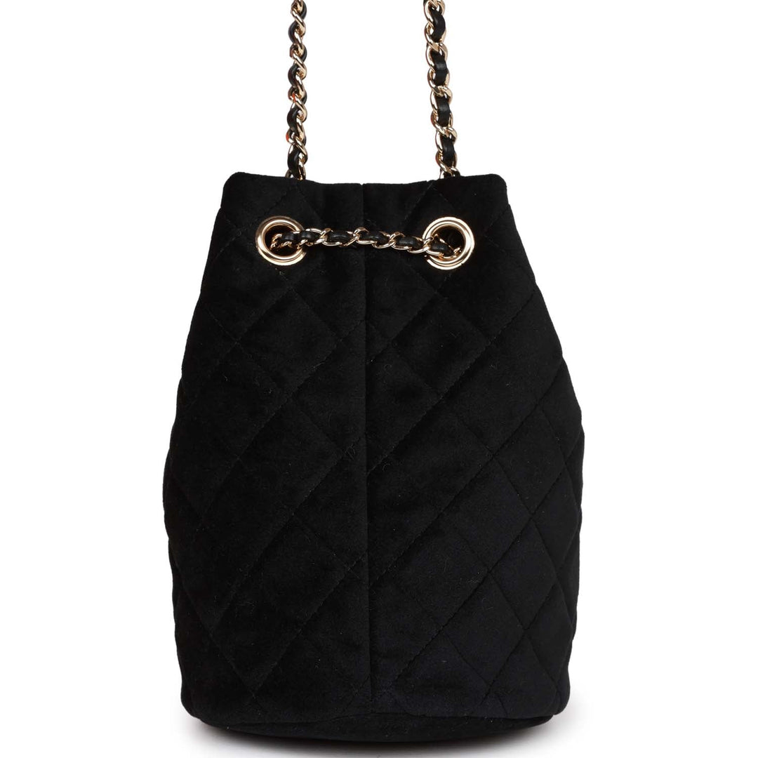 Top Quality Chanel Crystal Pearl Crush Drawstring Bag Black Velvet Light Gold Hardware