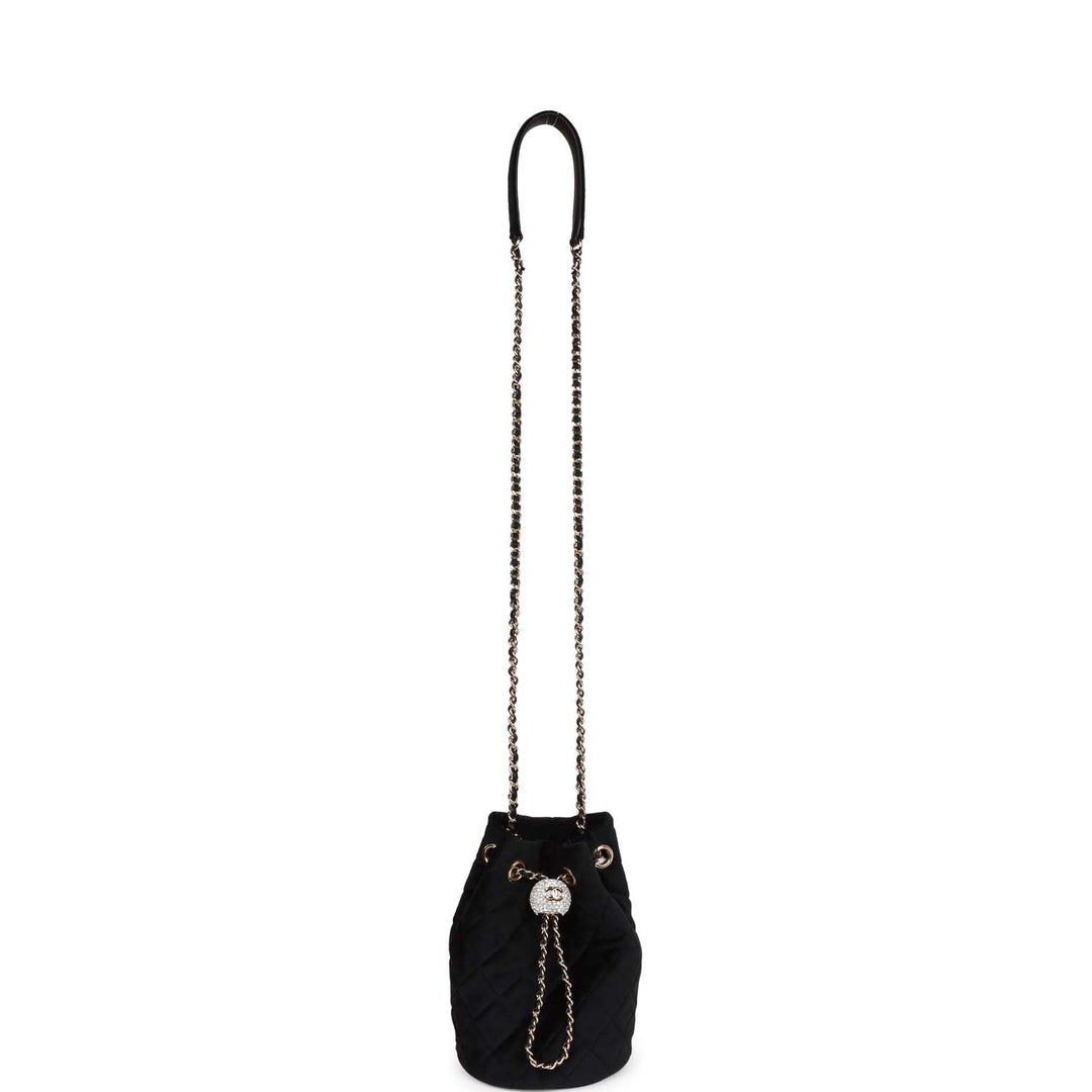 Top Quality Chanel Crystal Pearl Crush Drawstring Bag Black Velvet Light Gold Hardware