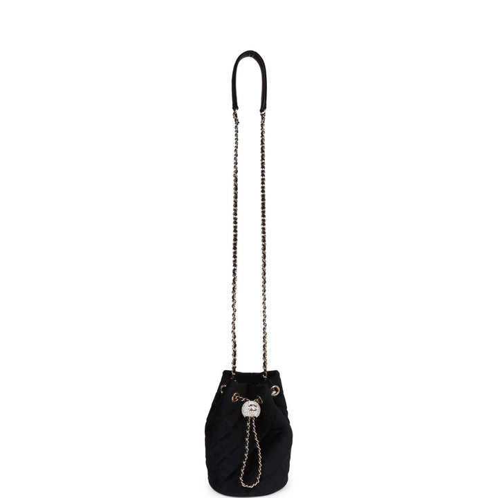 Top Quality Chanel Crystal Pearl Crush Drawstring Bag Black Velvet Light Gold Hardware