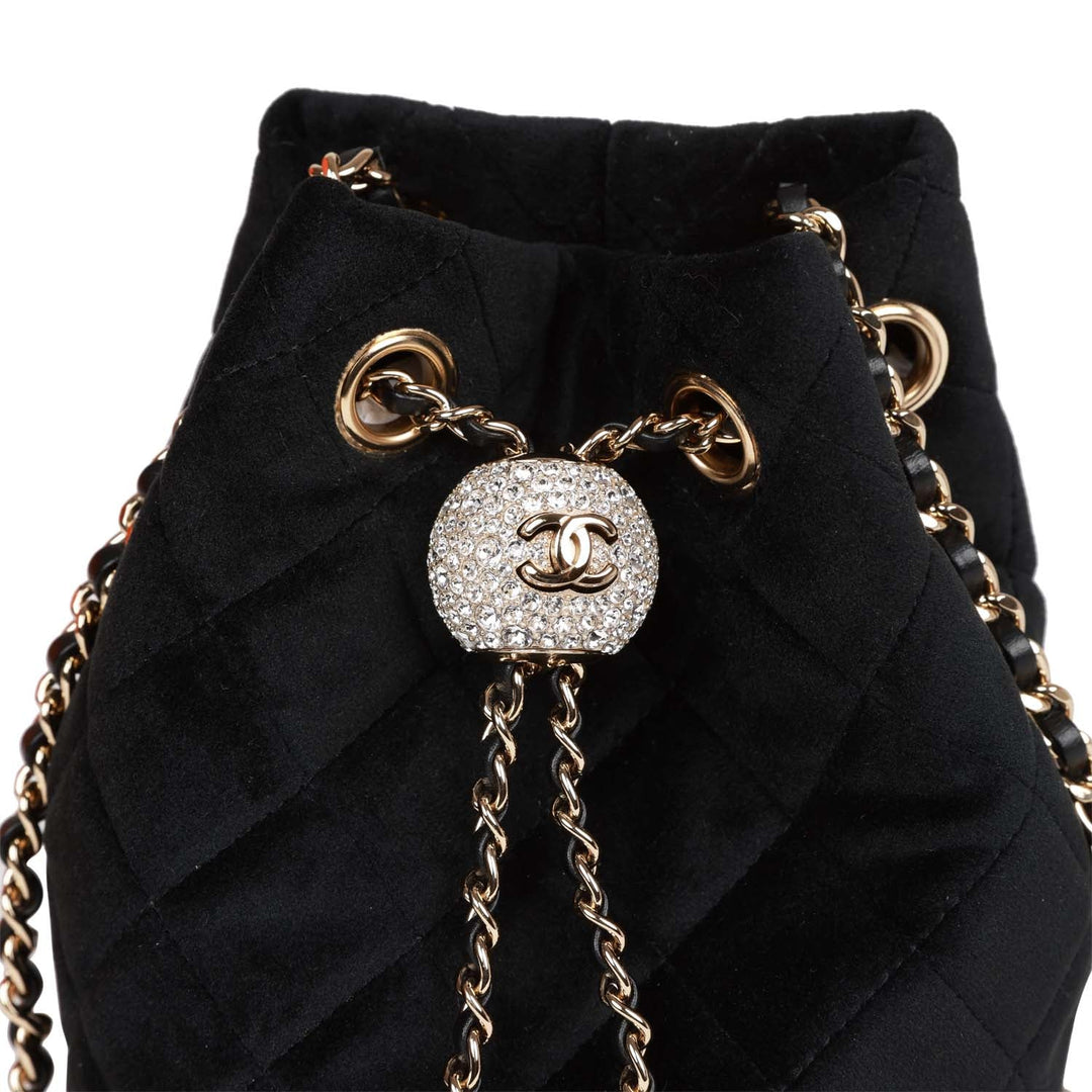 Top Quality Chanel Crystal Pearl Crush Drawstring Bag Black Velvet Light Gold Hardware