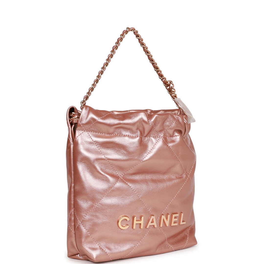 Top Quality Chanel Mini 22 Bag Rose Gold Iridescent Calfskin Rose Gold Hardware