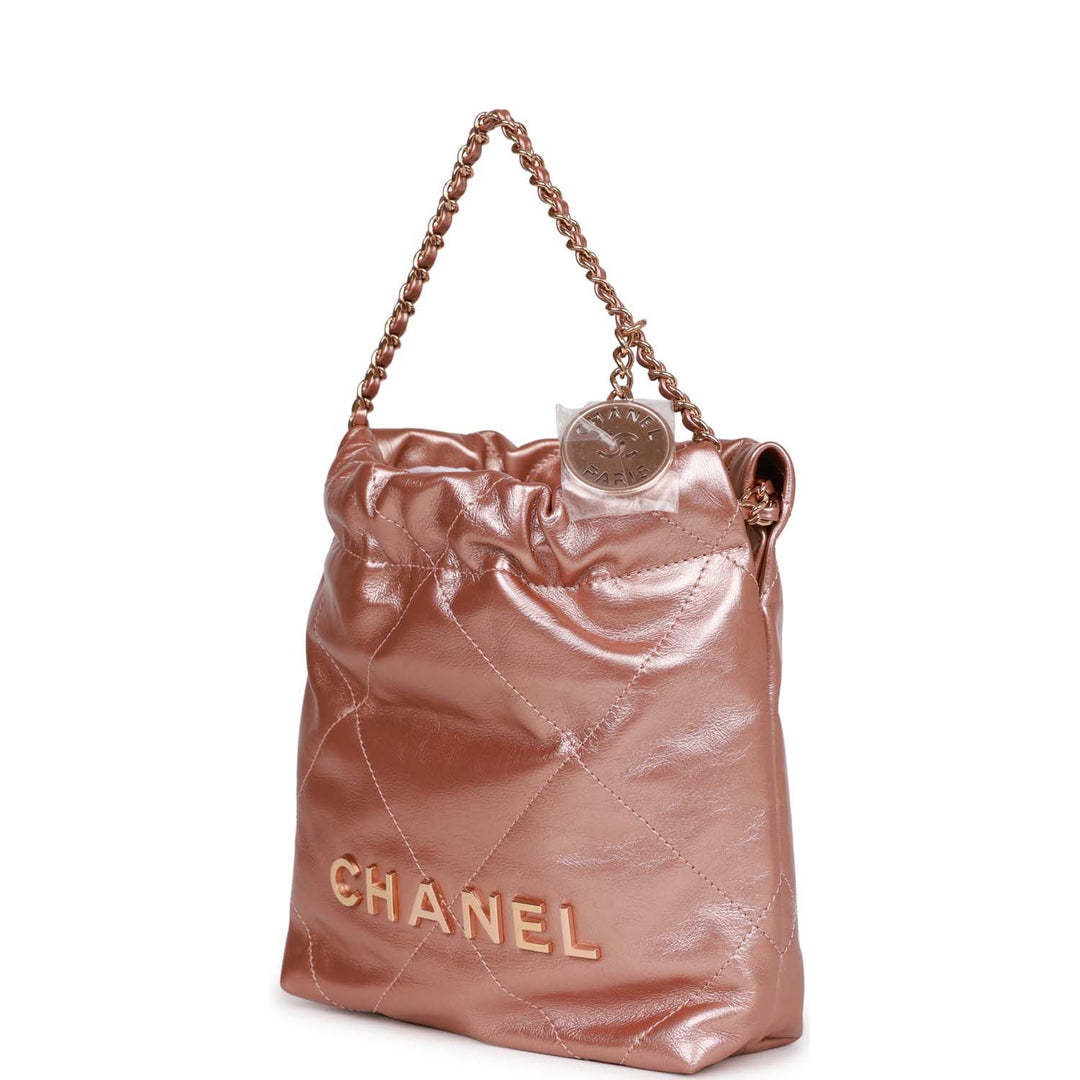 Top Quality Chanel Mini 22 Bag Rose Gold Iridescent Calfskin Rose Gold Hardware