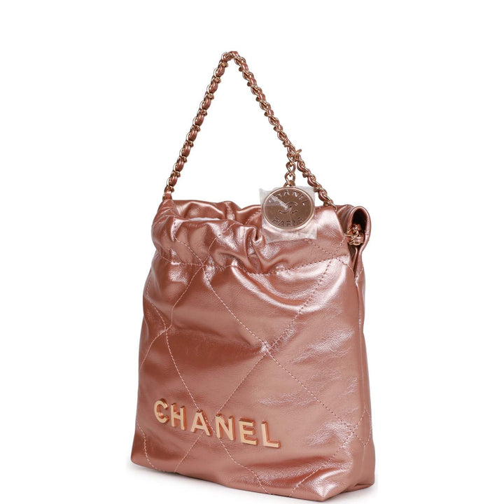 Top Quality Chanel Mini 22 Bag Rose Gold Iridescent Calfskin Rose Gold Hardware