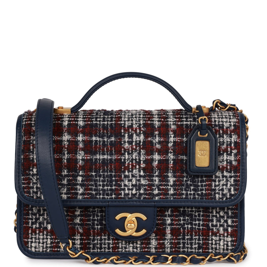 Top Quality Chanel Medium School Memory Flap Bag with Top Handle Navy Multicolor Tweed Aged Gold Hardware