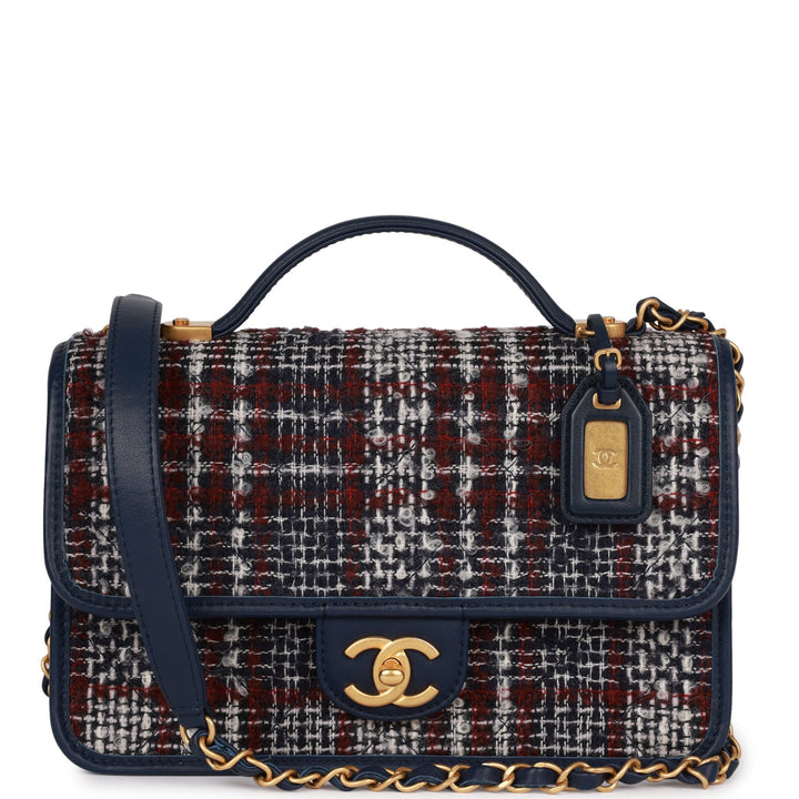 Top Quality Chanel Medium School Memory Flap Bag with Top Handle Navy Multicolor Tweed Aged Gold Hardware