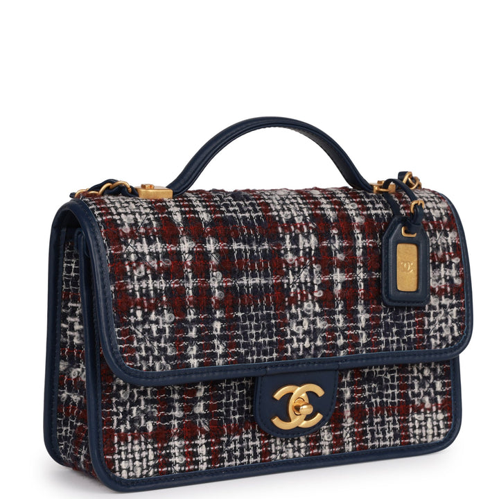 Top Quality Chanel Medium School Memory Flap Bag with Top Handle Navy Multicolor Tweed Aged Gold Hardware