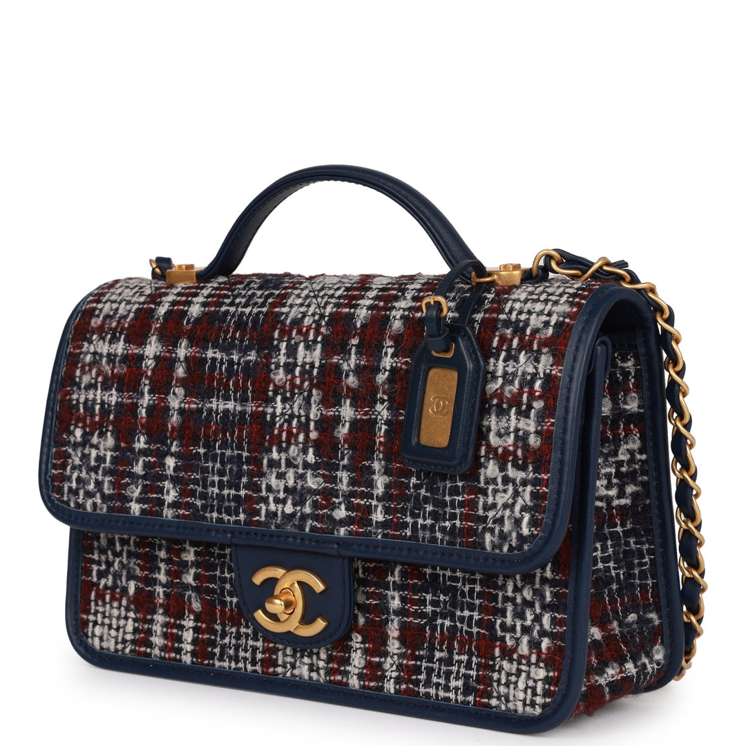Top Quality Chanel Medium School Memory Flap Bag with Top Handle Navy Multicolor Tweed Aged Gold Hardware