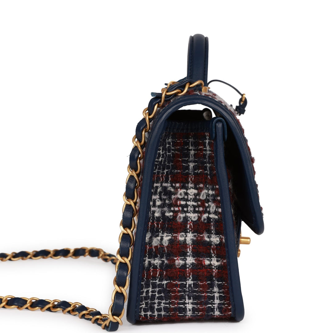 Top Quality Chanel Medium School Memory Flap Bag with Top Handle Navy Multicolor Tweed Aged Gold Hardware