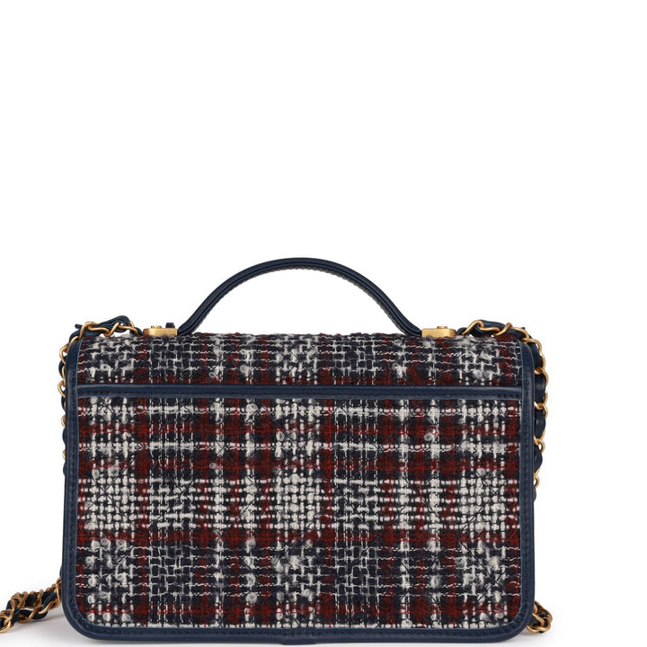 Top Quality Chanel Medium School Memory Flap Bag with Top Handle Navy Multicolor Tweed Aged Gold Hardware