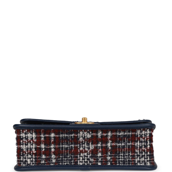 Top Quality Chanel Medium School Memory Flap Bag with Top Handle Navy Multicolor Tweed Aged Gold Hardware