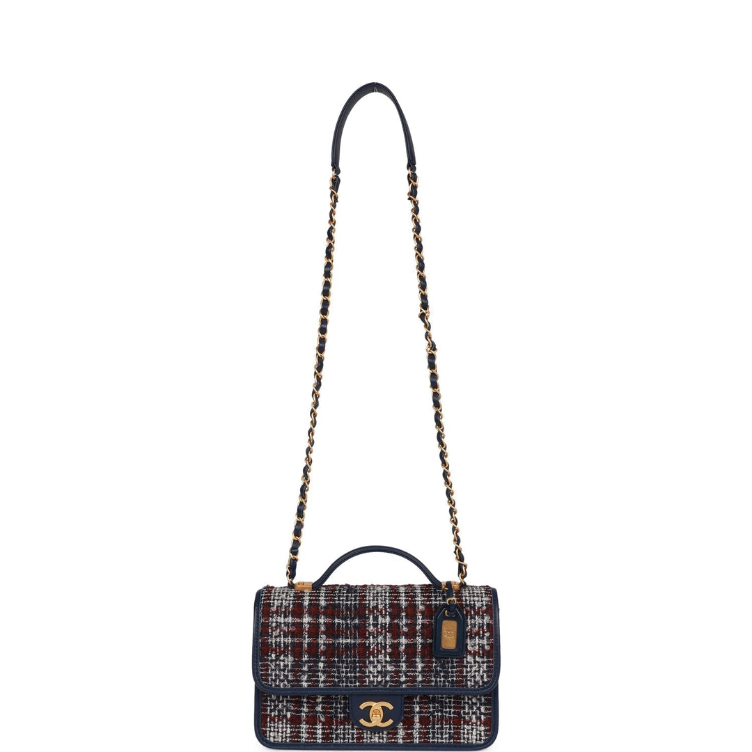 Top Quality Chanel Medium School Memory Flap Bag with Top Handle Navy Multicolor Tweed Aged Gold Hardware