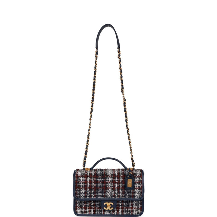 Top Quality Chanel Medium School Memory Flap Bag with Top Handle Navy Multicolor Tweed Aged Gold Hardware