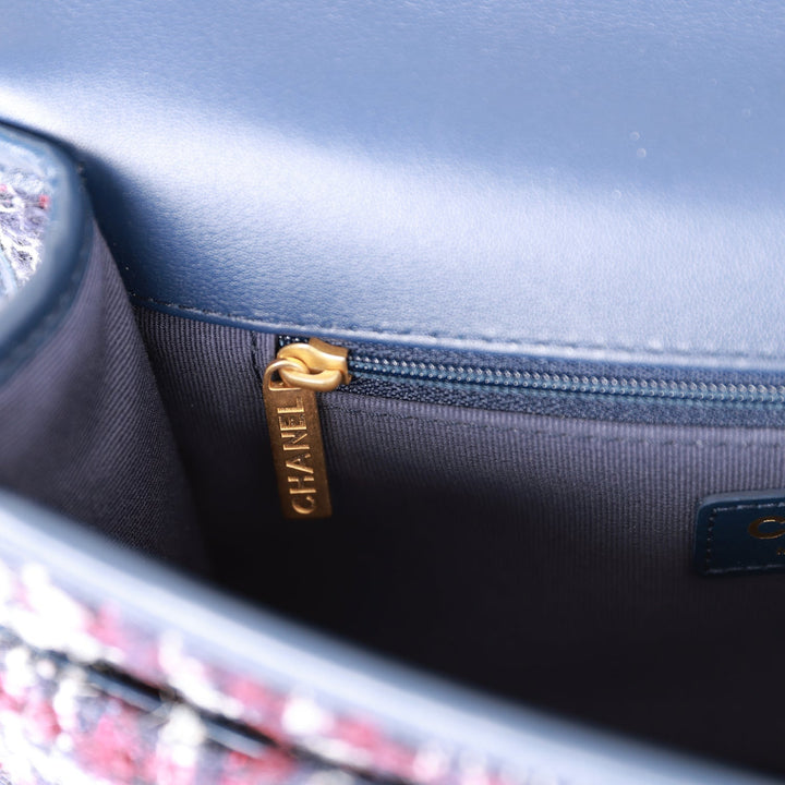 Top Quality Chanel Medium School Memory Flap Bag with Top Handle Navy Multicolor Tweed Aged Gold Hardware