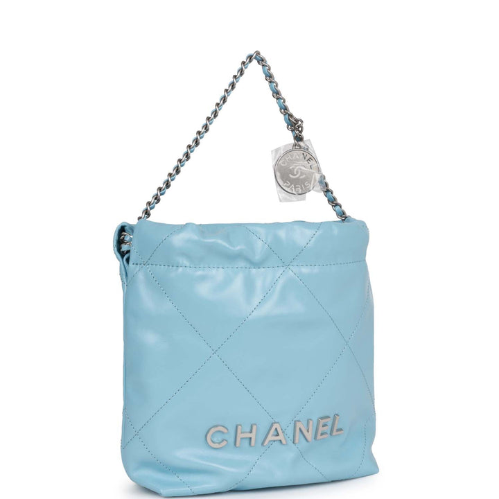 Top Quality Chanel Mini 22 Bag Light Blue Calfskin Silver Hardware