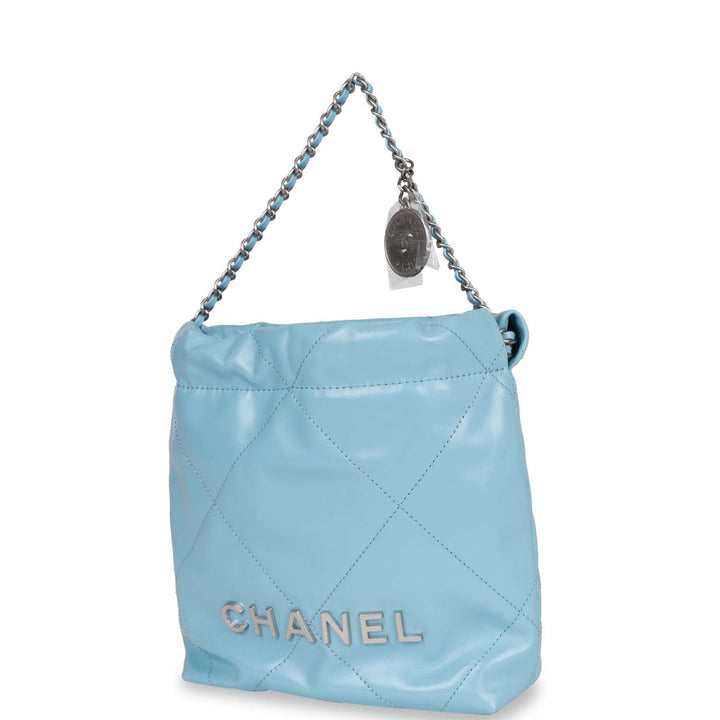Top Quality Chanel Mini 22 Bag Light Blue Calfskin Silver Hardware