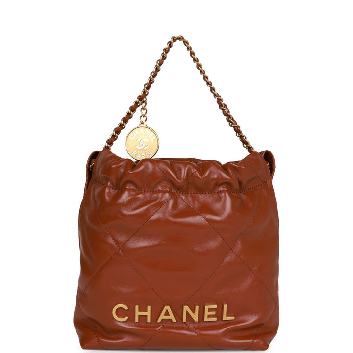 Top Quality Chanel Mini 22 Bag Brown Calfskin Gold Hardware