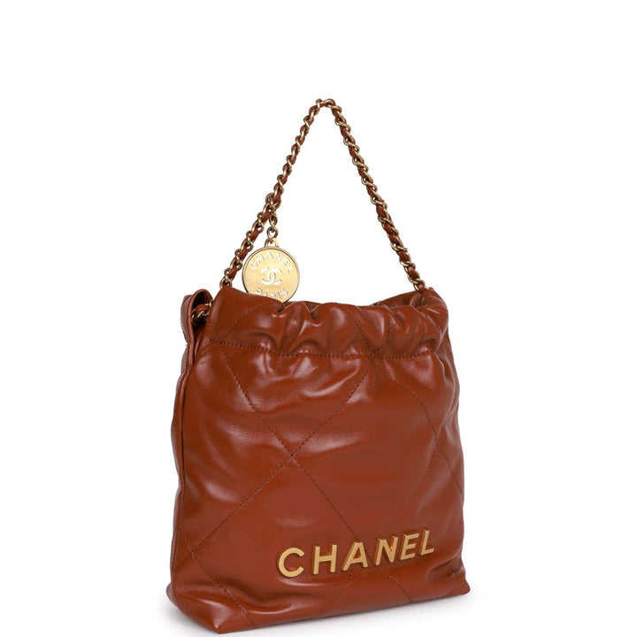 Top Quality Chanel Mini 22 Bag Brown Calfskin Gold Hardware