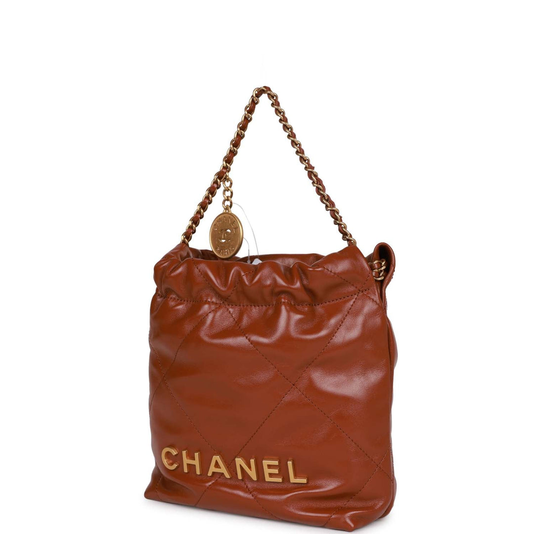 Top Quality Chanel Mini 22 Bag Brown Calfskin Gold Hardware