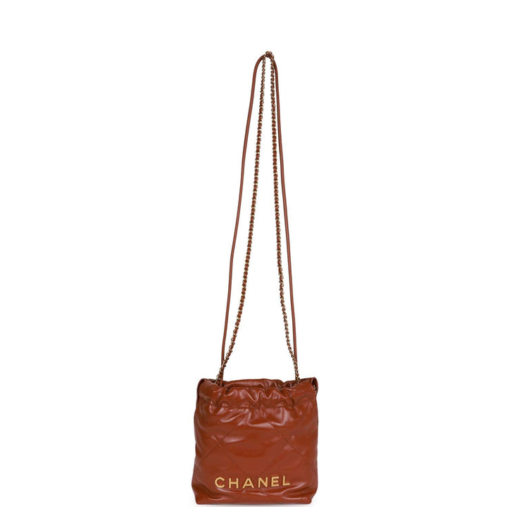 Top Quality Chanel Mini 22 Bag Brown Calfskin Gold Hardware
