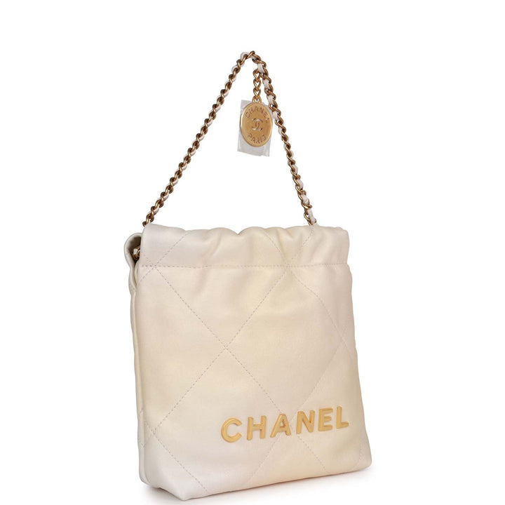 Top Quality Chanel Mini 22 Bag Champagne Iridescent Calfskin Gold Hardware