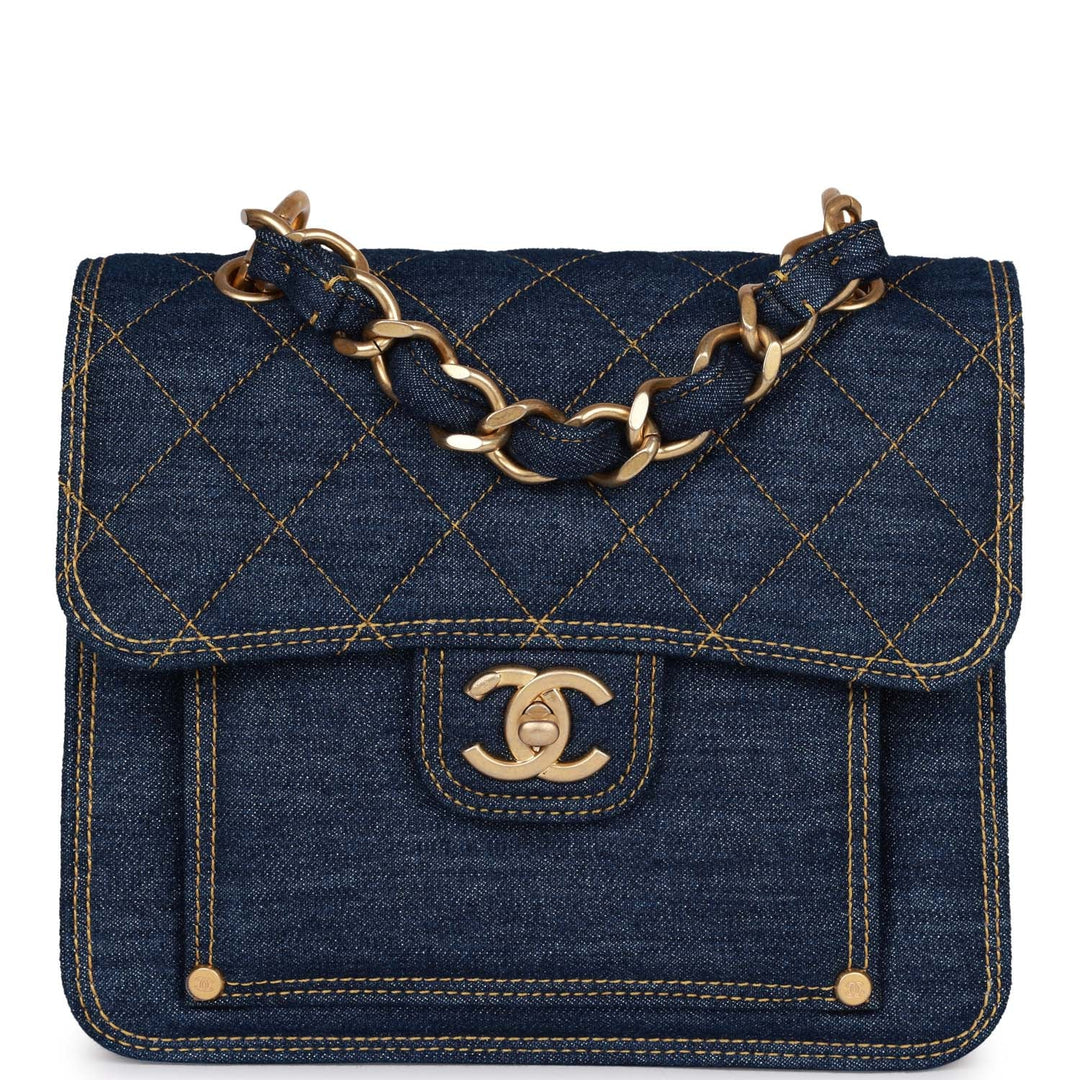 Top Quality Chanel Square Flap Blue Denim Antique Gold Hardware