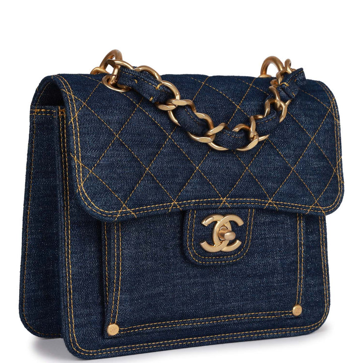 Top Quality Chanel Square Flap Blue Denim Antique Gold Hardware