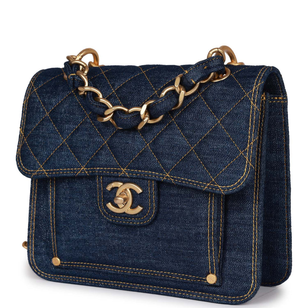 Top Quality Chanel Square Flap Blue Denim Antique Gold Hardware