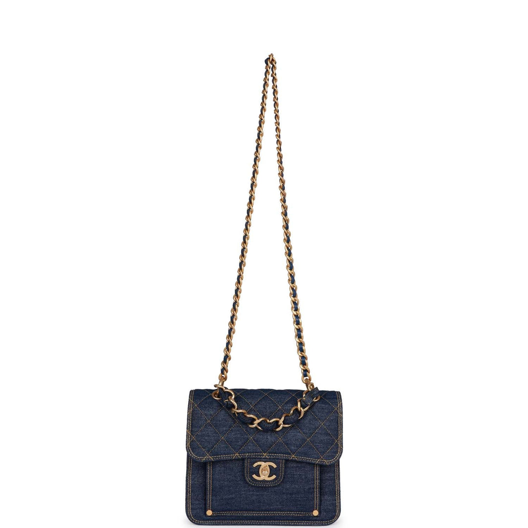 Top Quality Chanel Square Flap Blue Denim Antique Gold Hardware